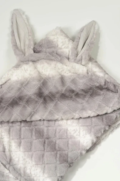 Tavşan Kulaklı Kapüşonlu Peluş Bebek Battaniyesi Gri