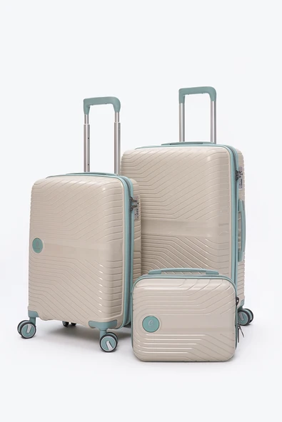 Elatae Exclusive Pro Polipropilen Kırılmaz 3'lü Valiz Seti Orta - Kabin Boy ve Makyaj Çantası Bej - Mavi 5239 ürün görseli