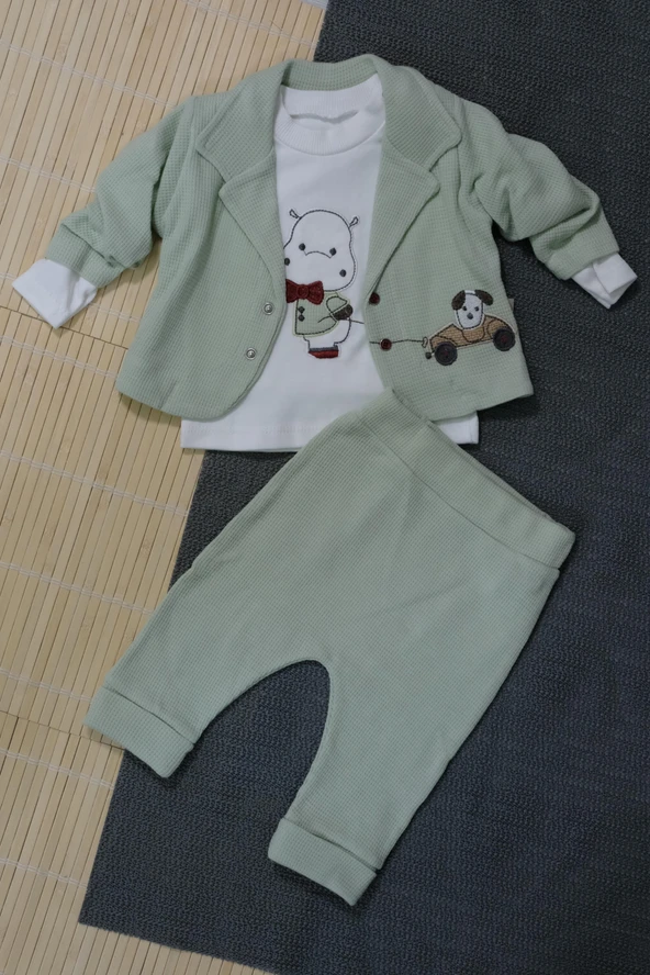 Araba Desenli Bebek Takım - Mint yeşil