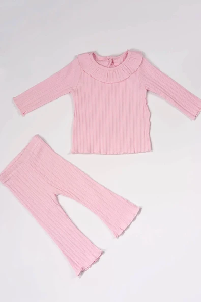 Fırfır Yakalı 2'li Kız Bebek Ribana Takım Pembe