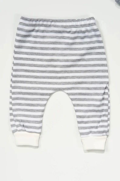 Çizgili Panda Desenli Şapkalı 3'lü Erkek Bebek Takımı Gri - 5