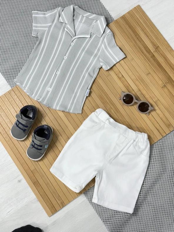 Lesson Şanel Yakalı Çizgili Erkek Yazlık 2'li Takım Gri - Resim 6
