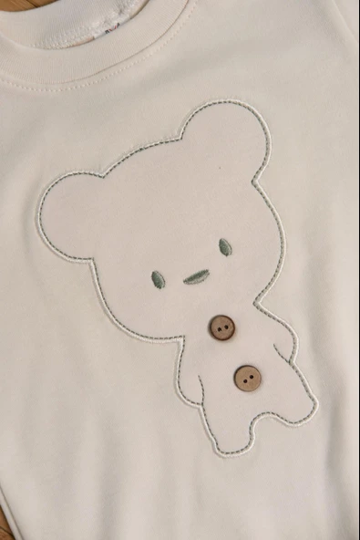 Ayıcık Nakışlı Uzun Kollu 2'li Erkek Eşofman Takımı Haki - Resim 2