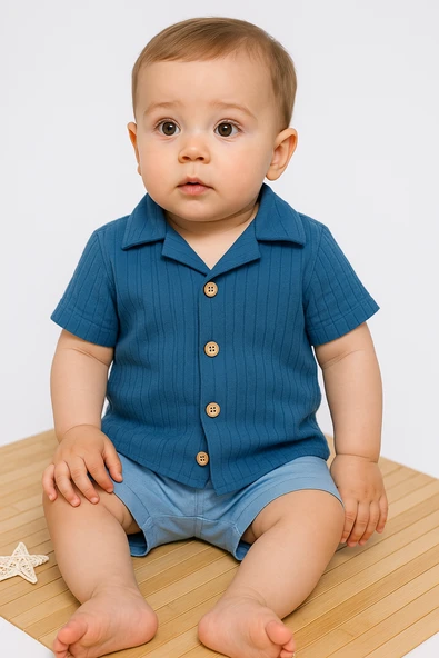 Pamela Kabartma Çizgili Gömlekli Yazlık Erkek 2'li Takım Mavi ürün görseli 1