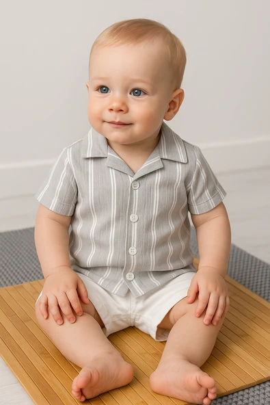 Lesson Şanel Yakalı Çizgili Erkek Yazlık 2'li Takım Gri ürün görseli