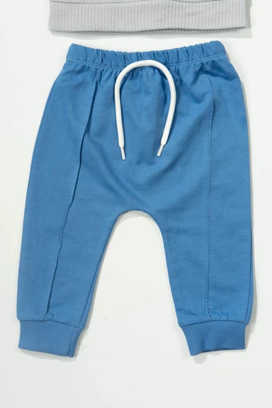 Ayıcık Nakışlı 2'li Erkek Bebek Eşofman Takımı Ribana Mavi - Resim 3