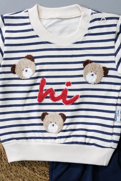 Sevimli Ayıcık ve Hi Desenli Çizgili Sweatshirt ve Mavi Alt Eşofman Takımı Lacivert - 3