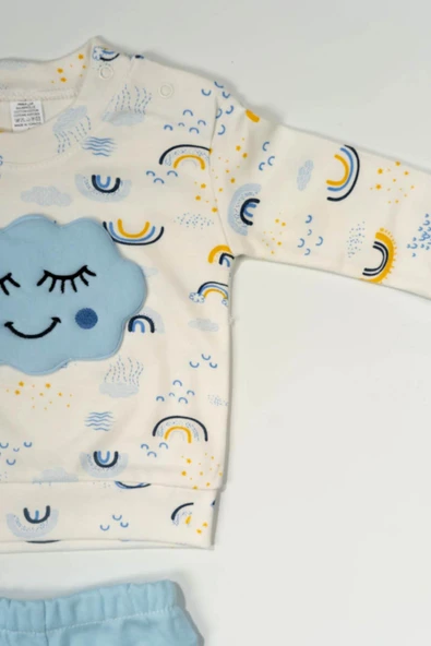 Bulut Kabartmalı Gökyüzü Desenli 2'li Bebek Takımı  Mavi - Resim 5