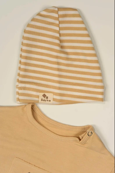 Çizgili Ayıcık Desenli Şapkalı 3'lü Erkek Bebek Takımı Bej - Resim 5