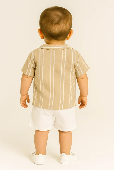 Lesson Şanel Yakalı Çizgili Erkek Yazlık 2'li Takım Bej - Resim 2