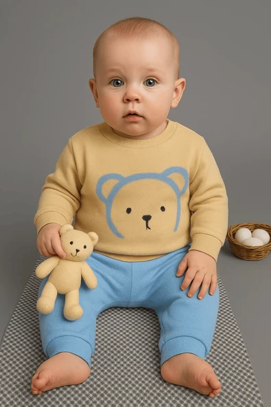 Ayıcık Desenli Erkek Bebek Eşofman Takımı Turkuaz ürün görseli 1