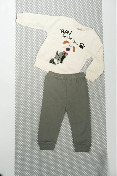 Hav Hav Baskılı Uzun Kollu Sweatshirt ve Bej Alt Eşofman Takımı Haki