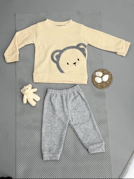 Ayıcık Desenli Erkek Bebek Eşofman Takımı Gri - Resim 3