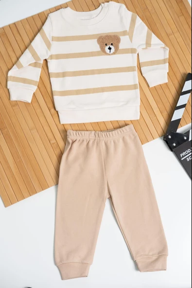 Ayı Armalı Çizgili Sweatshirt ve Eşofman Altı 2'li Erkek Takımı Bej ürün görseli