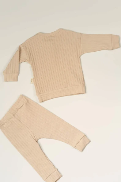 Düğme Detaylı 2'li Erkek Bebek Ribana Eşofman Takım Bej - Resim 2