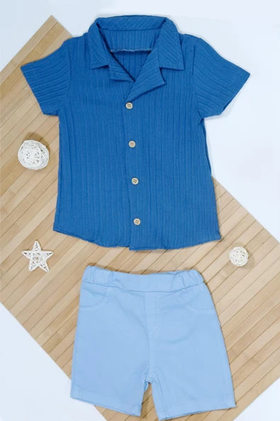 Pamela Kabartma Çizgili Gömlekli Yazlık Erkek 2'li Takım Mavi - Resim 2