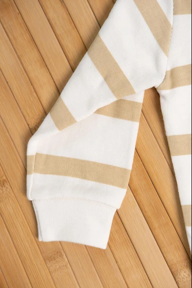 Ayı Armalı Çizgili Sweatshirt ve Eşofman Altı 2'li Erkek Takımı Bej - Resim 3