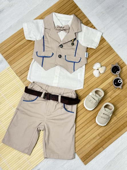 Kıl Biyeli Gömlekli Gabardin 3'lü Erkek Takım Kahverengi ürün görseli 1