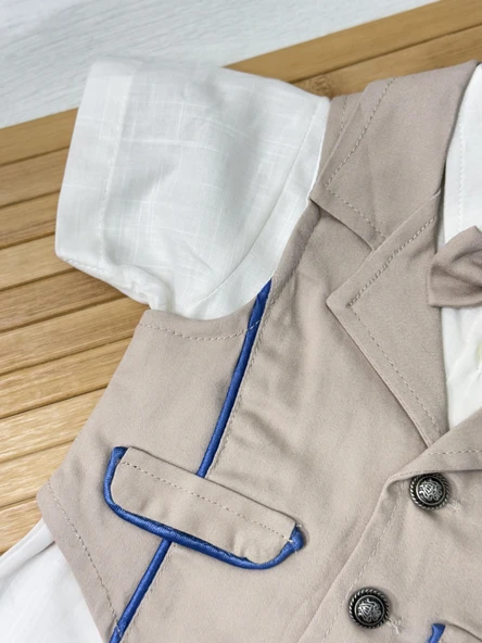 Kıl Biyeli Gömlekli Gabardin 3'lü Erkek Takım Kahverengi - Resim 5