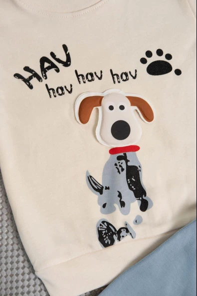 Hav Hav Baskılı Uzun Kollu Sweatshirt ve Bej Alt Eşofman Takımı Mavi - Resim 3