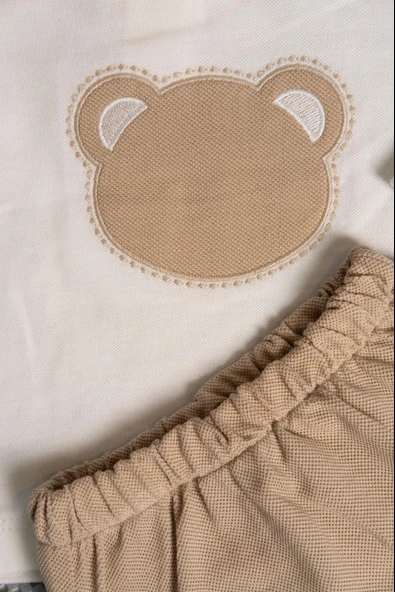 Ayıcık Nakışlı Uzun Kollu Alt-Üst Takım Krem-Bej - Resim 4