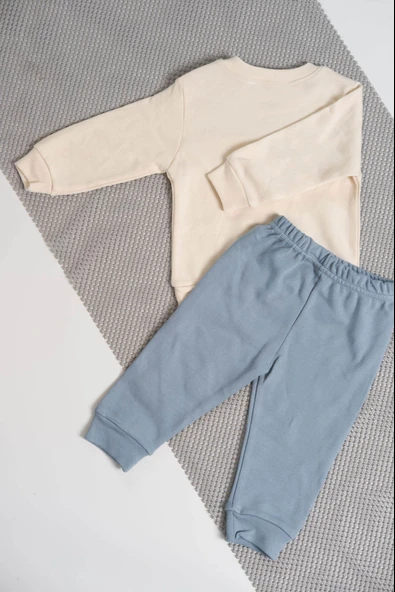 Hav Hav Baskılı Uzun Kollu Sweatshirt ve Bej Alt Eşofman Takımı Mavi - Resim 2