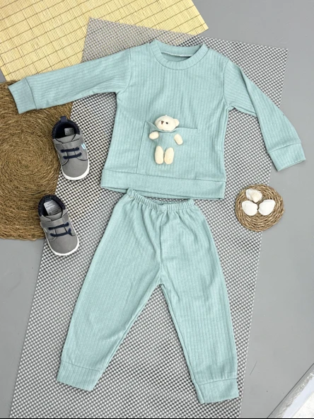 Kız Bebek Basic Eşofman Takımı Bisiklet Yaka Ribanalı Paça Uzun Kol Açık Yeşil ürün görseli