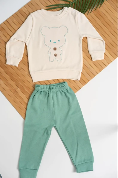 Ayıcık Nakışlı Uzun Kollu 2'li Erkek Eşofman Takımı Mint ürün görseli 1