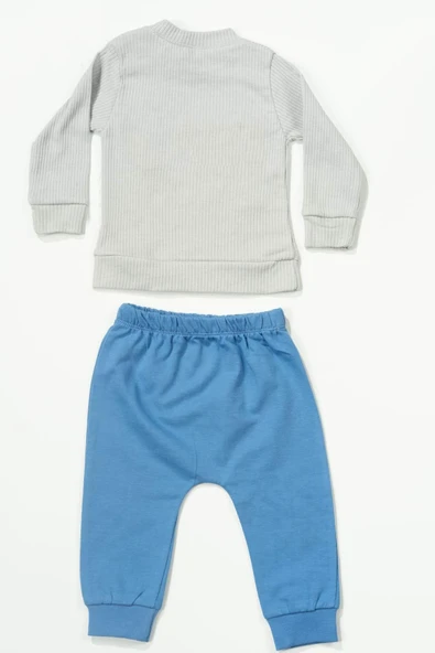 Ayıcık Nakışlı 2'li Erkek Bebek Eşofman Takımı Ribana Mavi - Resim 2