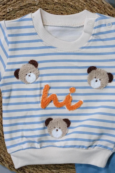 Sevimli Ayıcık ve Hi Desenli Çizgili Sweatshirt ve Mavi Alt Eşofman Takımı Turkuaz - 4