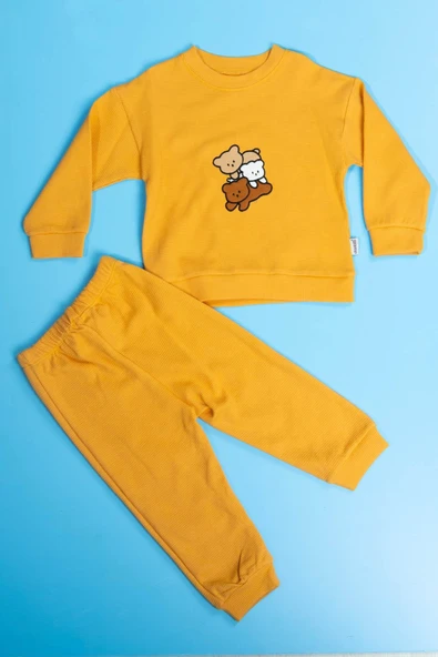 Pamuklu Hardal Renk Ayıcık Desenli Erkek Bebek Takımı - Resim 7