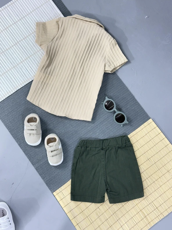 Pamela Kabartma Çizgili Gömlekli Yazlık Erkek 2'li Takım Bej - Resim 4