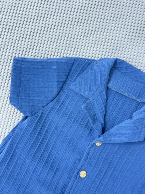 Pamela Kabartma Çizgili Gömlekli Yazlık Erkek 2'li Takım Mavi - Resim 4