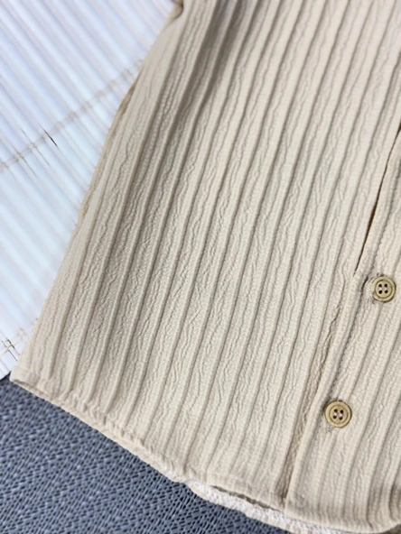 Pamela Kabartma Çizgili Gömlekli Yazlık Erkek 2'li Takım Bej - Resim 6