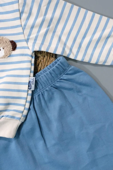 Sevimli Ayıcık ve Hi Desenli Çizgili Sweatshirt ve Mavi Alt Eşofman Takımı Turkuaz - 3