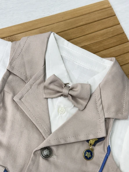 Kıl Biyeli Gömlekli Gabardin 3'lü Erkek Takım Kahverengi - Resim 4