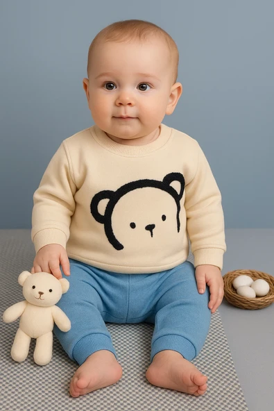 Ayıcık Desenli Erkek Bebek Eşofman Takımı Mavi ürün görseli 1