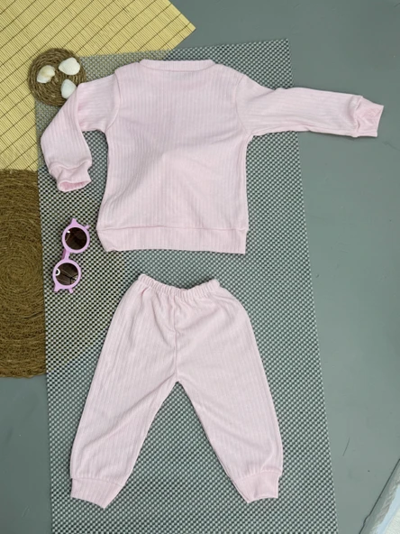 Kız Bebek Basic Eşofman Takımı Bisiklet Yaka Ribanalı Paça Uzun Kol Toz Pembe - Resim 3