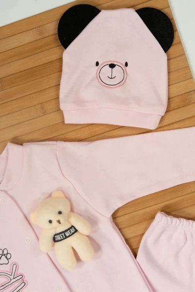 Peluş Ayıcık Aksesuarı ve Kulaklı Ayıcık Şapkasıyla 3'lü Erkek Bebek Takımı Pembe - 4