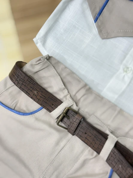 Kıl Biyeli Gömlekli Gabardin 3'lü Erkek Takım Kahverengi - Resim 3