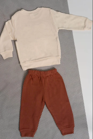 Ayıcık Nakışlı Uzun Kollu 2'li Erkek Eşofman Takımı Kahverengi - Resim 2