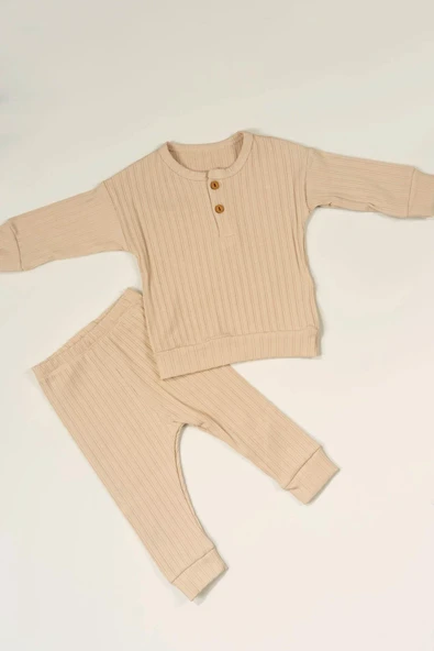 Düğme Detaylı 2'li Erkek Bebek Ribana Eşofman Takım Bej ürün görseli 1