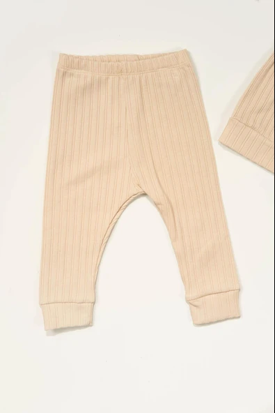 Düğme Detaylı 2'li Erkek Bebek Ribana Eşofman Takım Bej - Resim 4