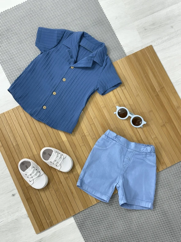 Pamela Kabartma Çizgili Gömlekli Yazlık Erkek 2'li Takım Mavi - Resim 3