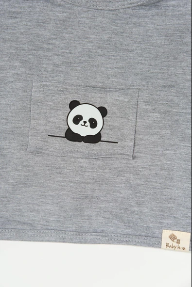 Çizgili Panda Desenli Şapkalı 3'lü Erkek Bebek Takımı Gri - 2