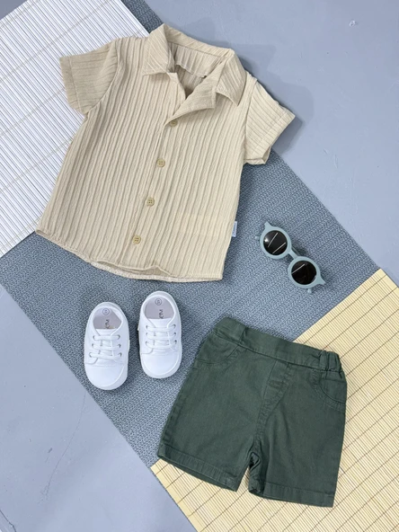 Pamela Kabartma Çizgili Gömlekli Yazlık Erkek 2'li Takım Bej - Resim 3