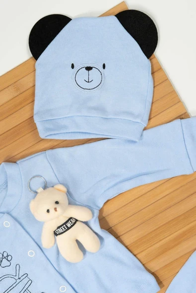 Peluş Ayıcık Aksesuarı ve Kulaklı Ayıcık Şapkasıyla 3'lü Erkek Bebek Takımı mavi - 3