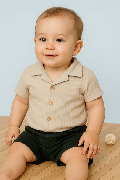 Pamela Kabartma Çizgili Gömlekli Yazlık Erkek 2'li Takım Bej ürün görseli 1