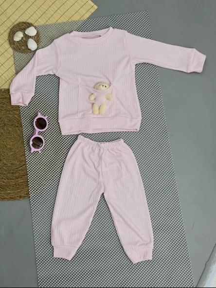 Kız Bebek Basic Eşofman Takımı Bisiklet Yaka Ribanalı Paça Uzun Kol Toz Pembe - Resim 2