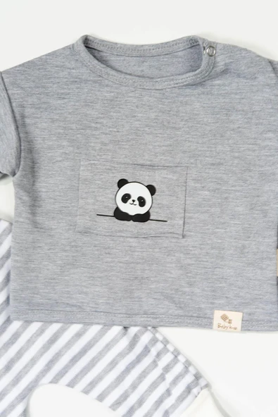 Çizgili Panda Desenli Şapkalı 3'lü Erkek Bebek Takımı Gri - 3